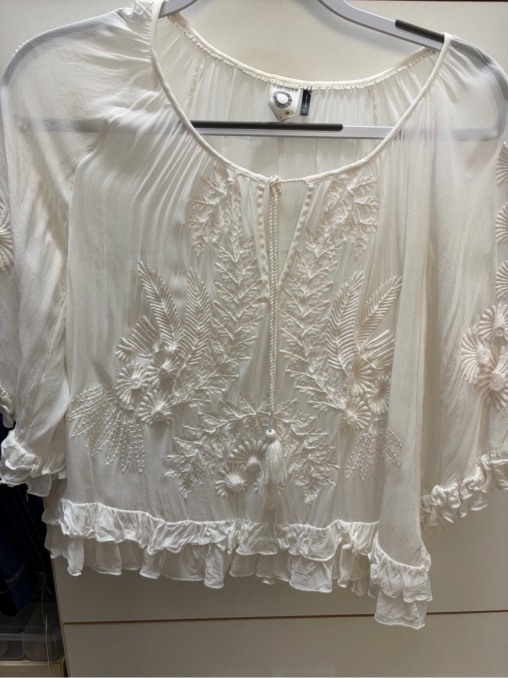 Women's Ivory Embroidered Peasant Blouse with Tassel Tie